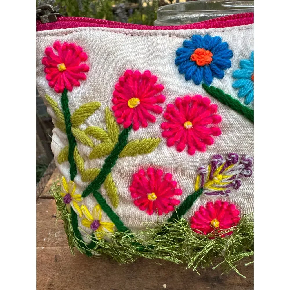 Embroidered Flower Clutch 8.5 x 5 inches wristlet strap small travel bag